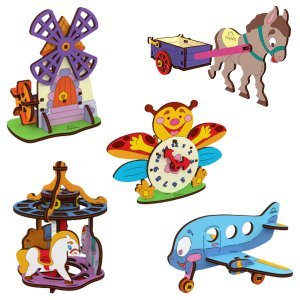 UGears Mechanical Wooden Model 3D Puzzle Kit Clock, Donkey, Merry-go-Round, Biplane and Mill